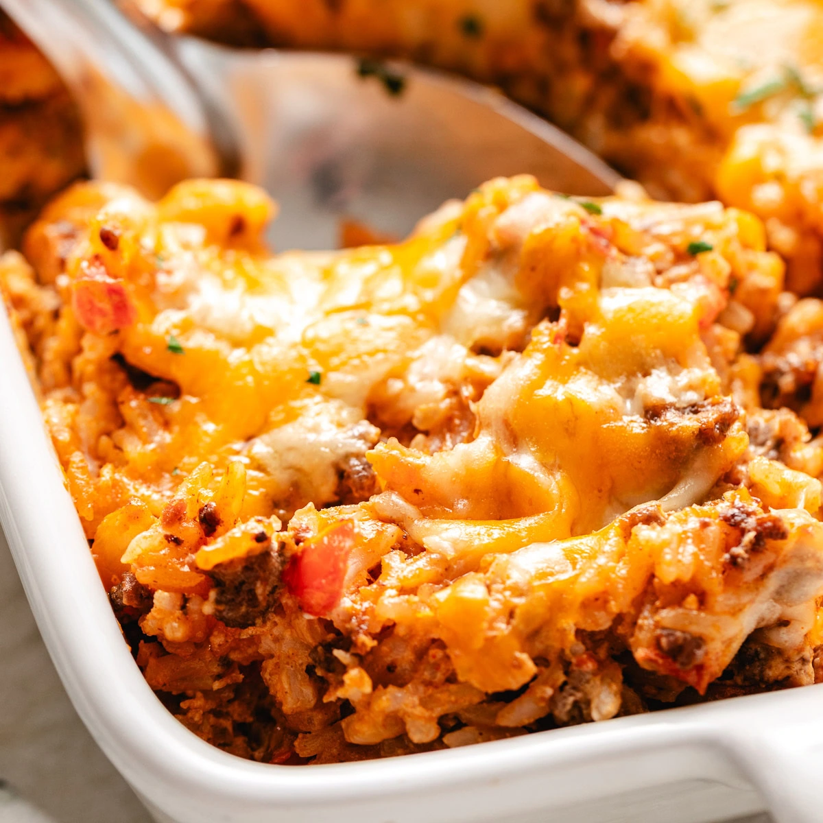 Close up view of taco bake on a spoon.