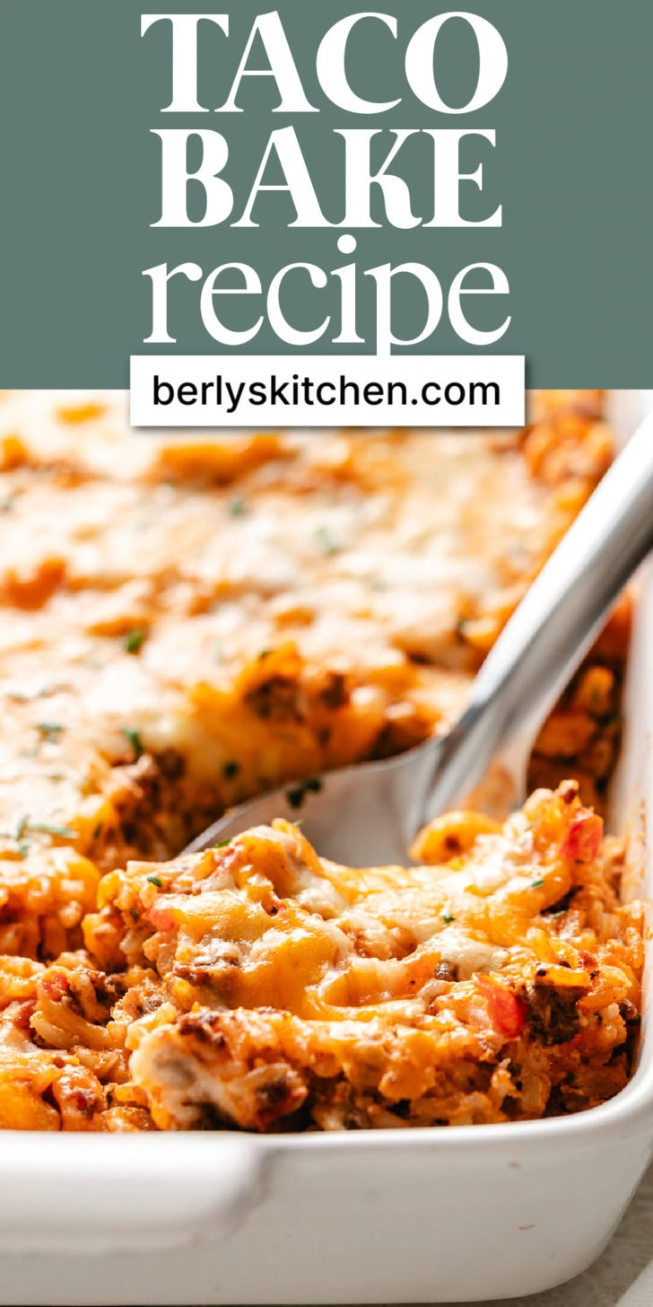 Cheesy taco rice bake on a spoon.