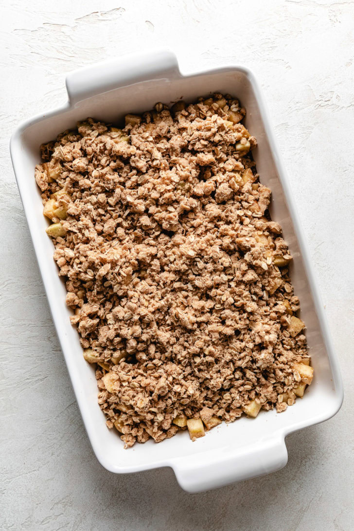 Crisp topping added to a baking dish.