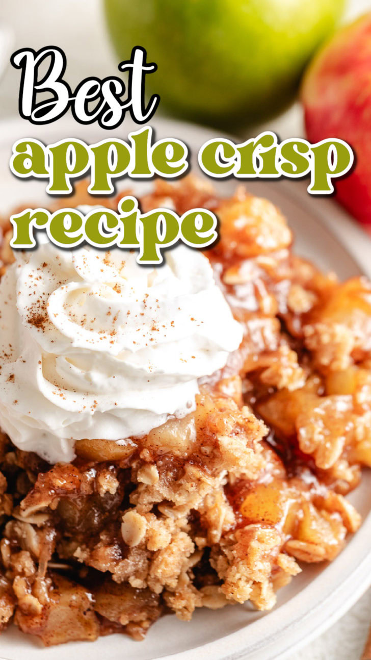 Close up view of apple crisp on a plate.