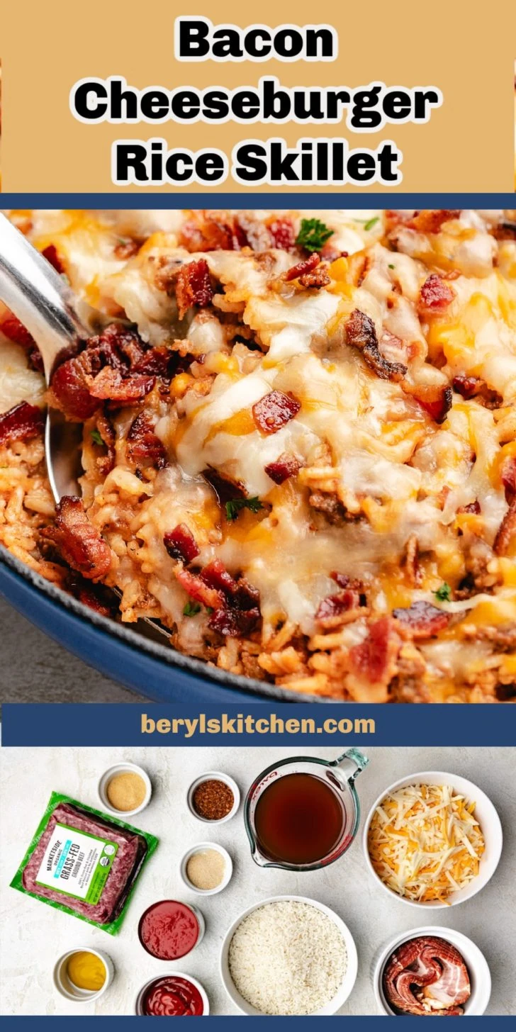 Collage showing photos of bacon cheeseburger casserole.