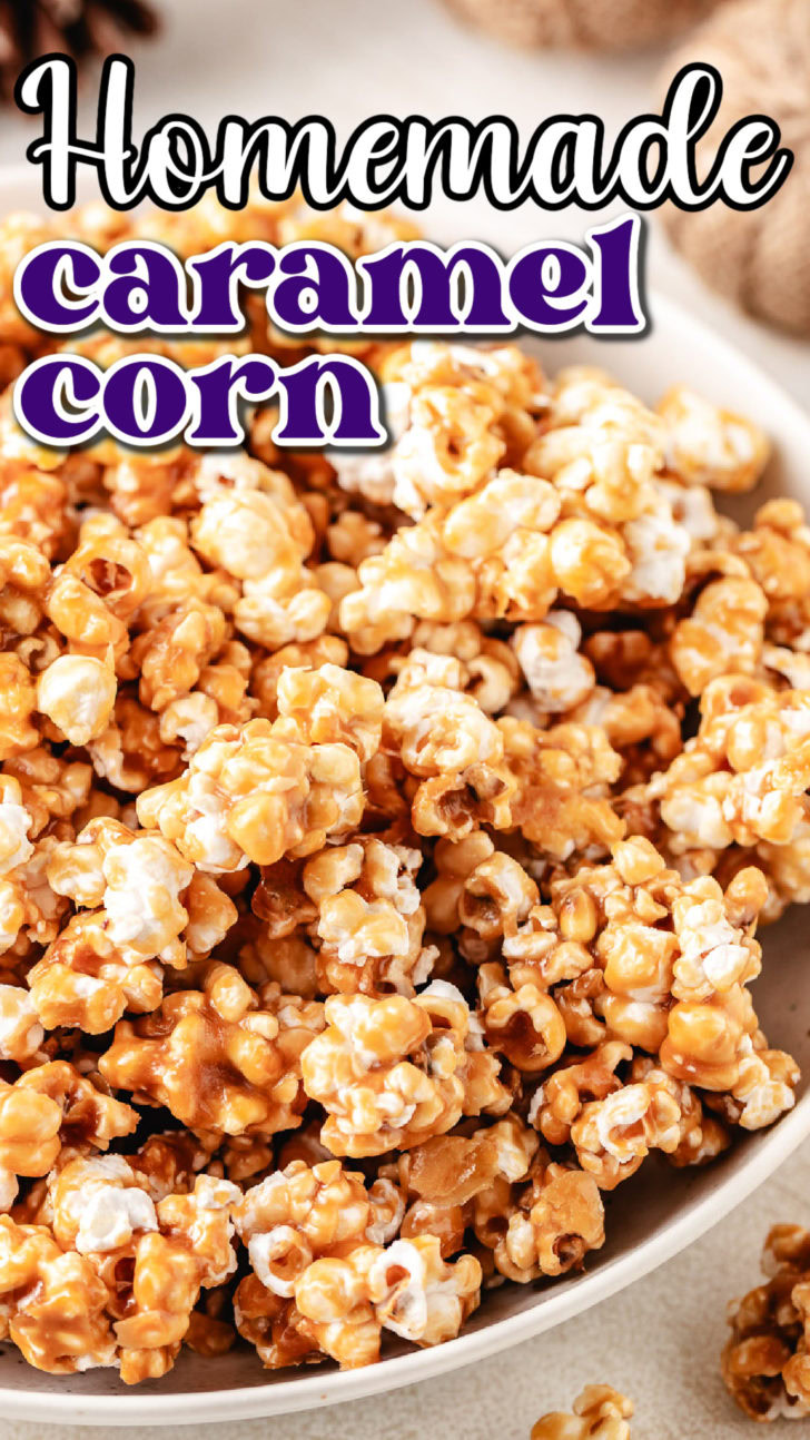 Close up view of caramel popcorn in a bowl.