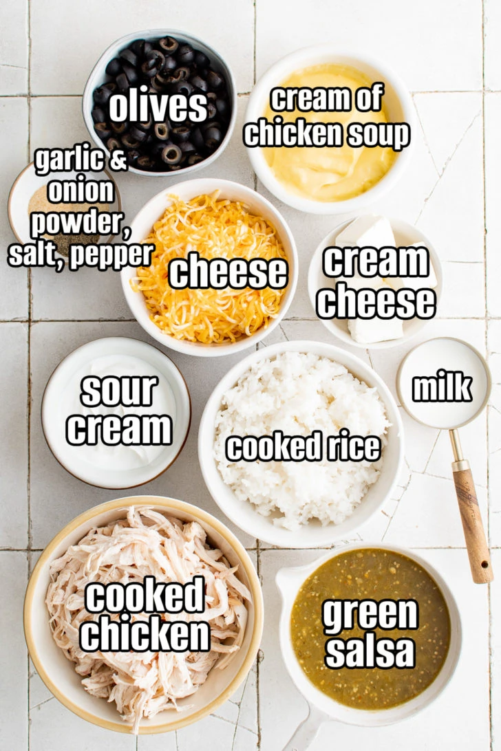 Ingredients used in green chile chicken casserole.