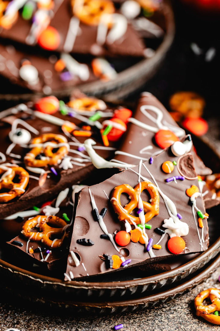 Plate filled with halloween chocolate bark.
