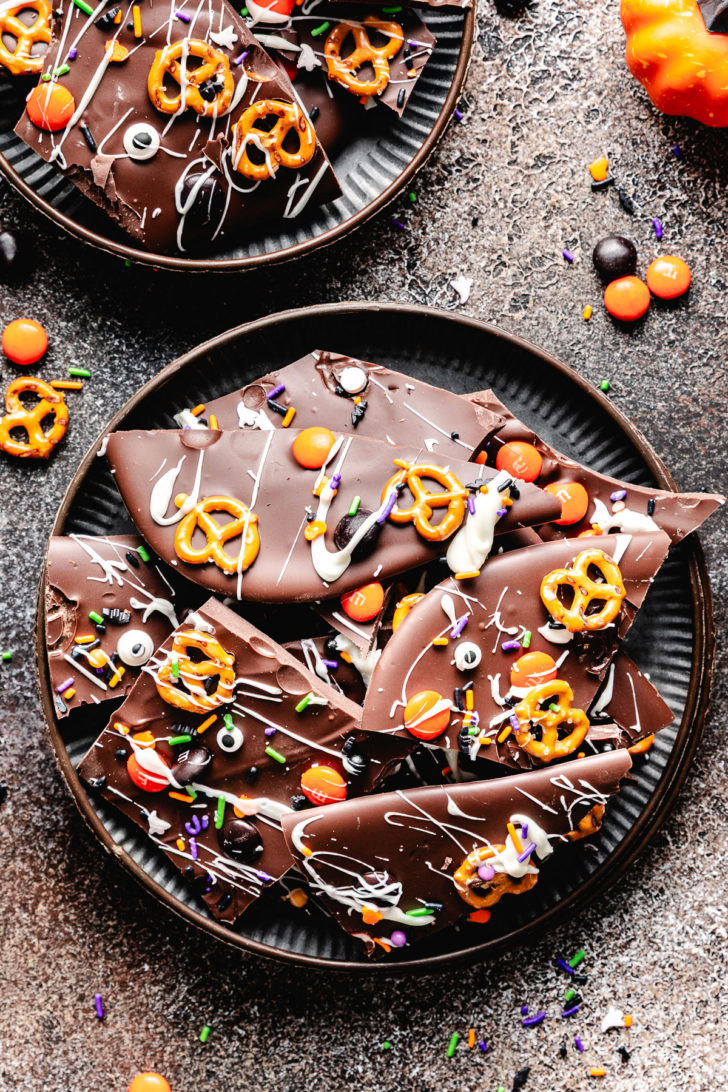 Broken pieces of festive candy bark.