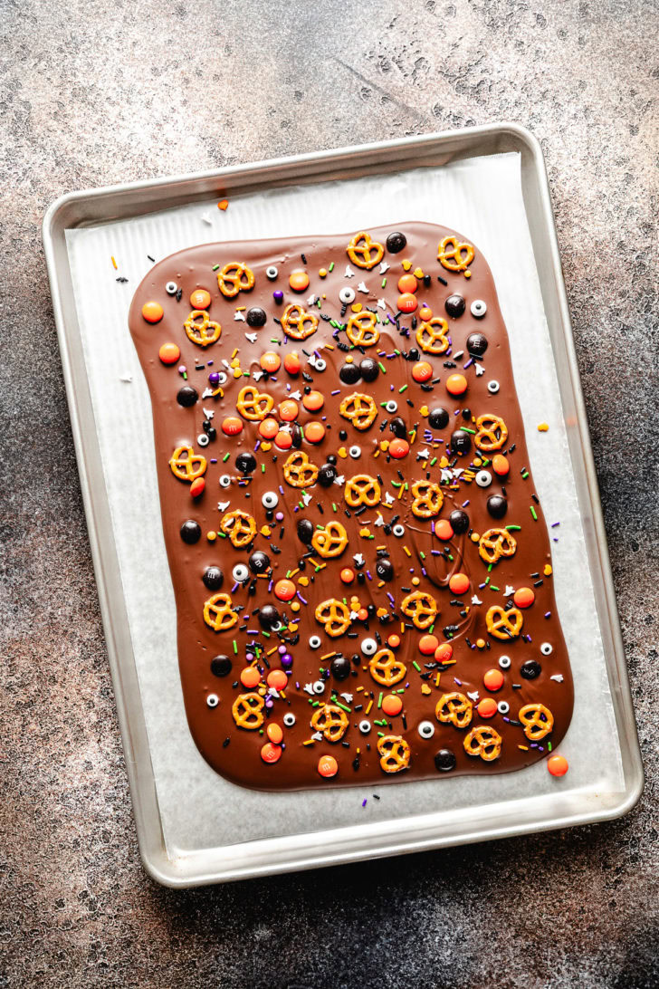 Candies added to chocolate almond bark.
