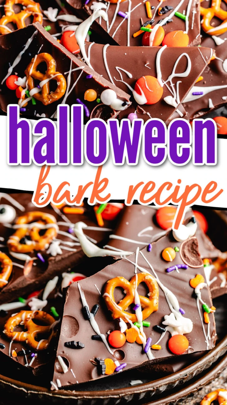 Collage showing how to make halloween bark.