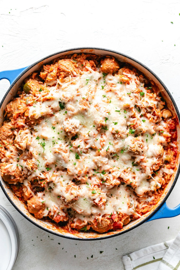 Overhead view of cheesy meatball skillet.