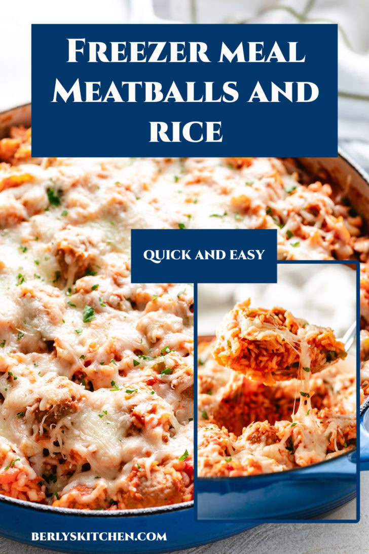 Close up view of rice and meatballs in a blue pan.
