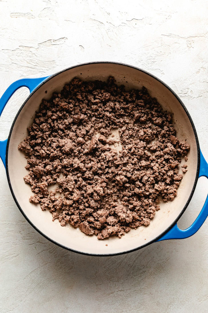 Ground beef in a pan.