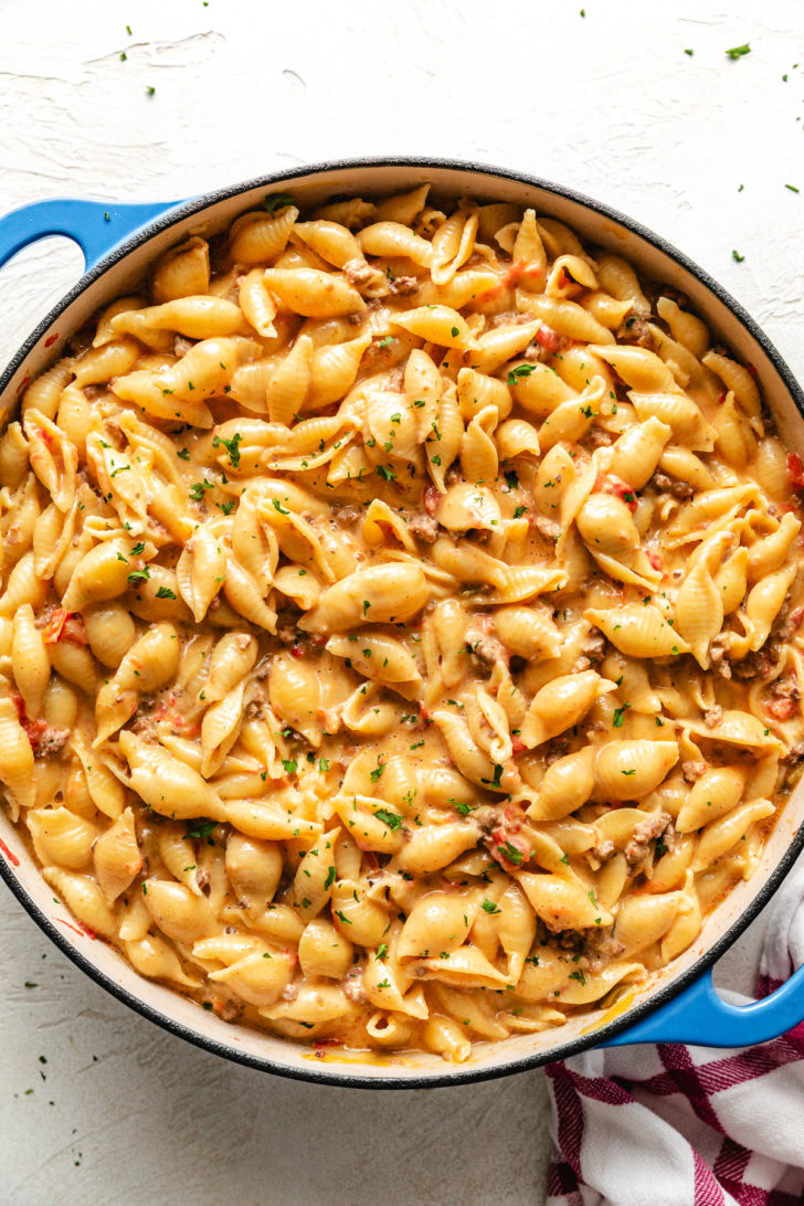 Overhead view of rotel pasta in a pan.
