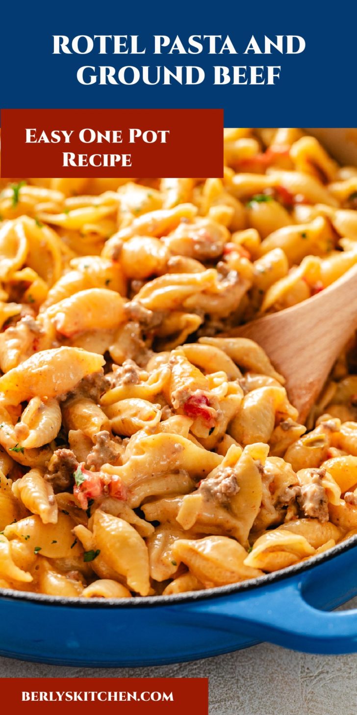 Wooden spoon scooping rotel pasta.