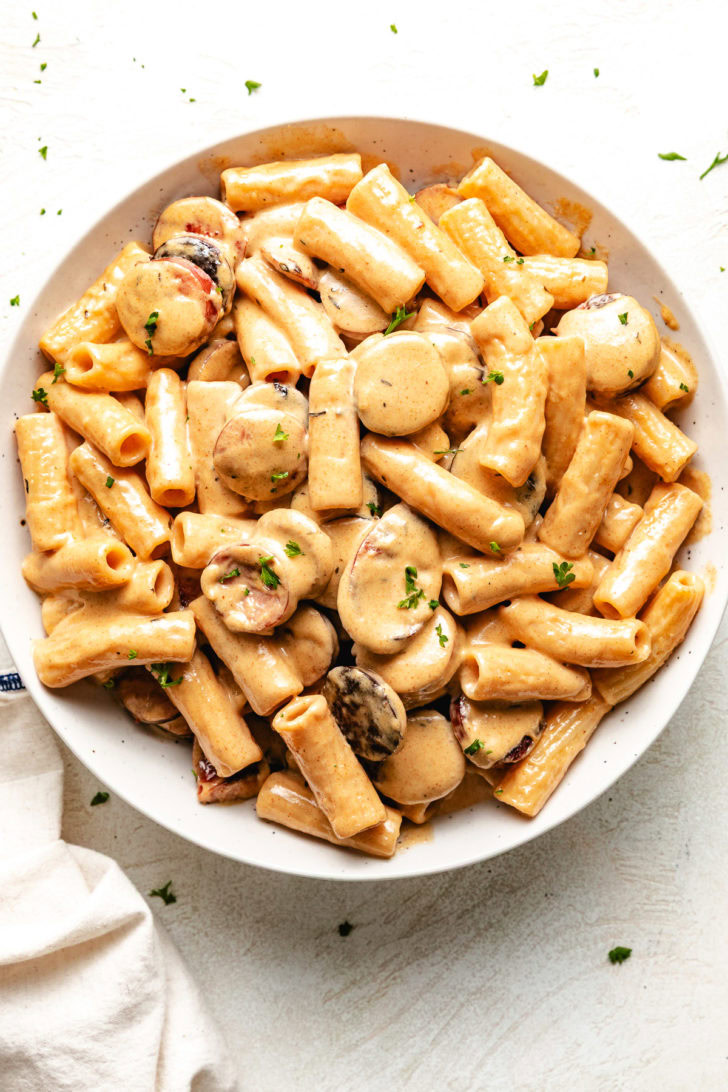 Overhead view of cajun sausage pasta.