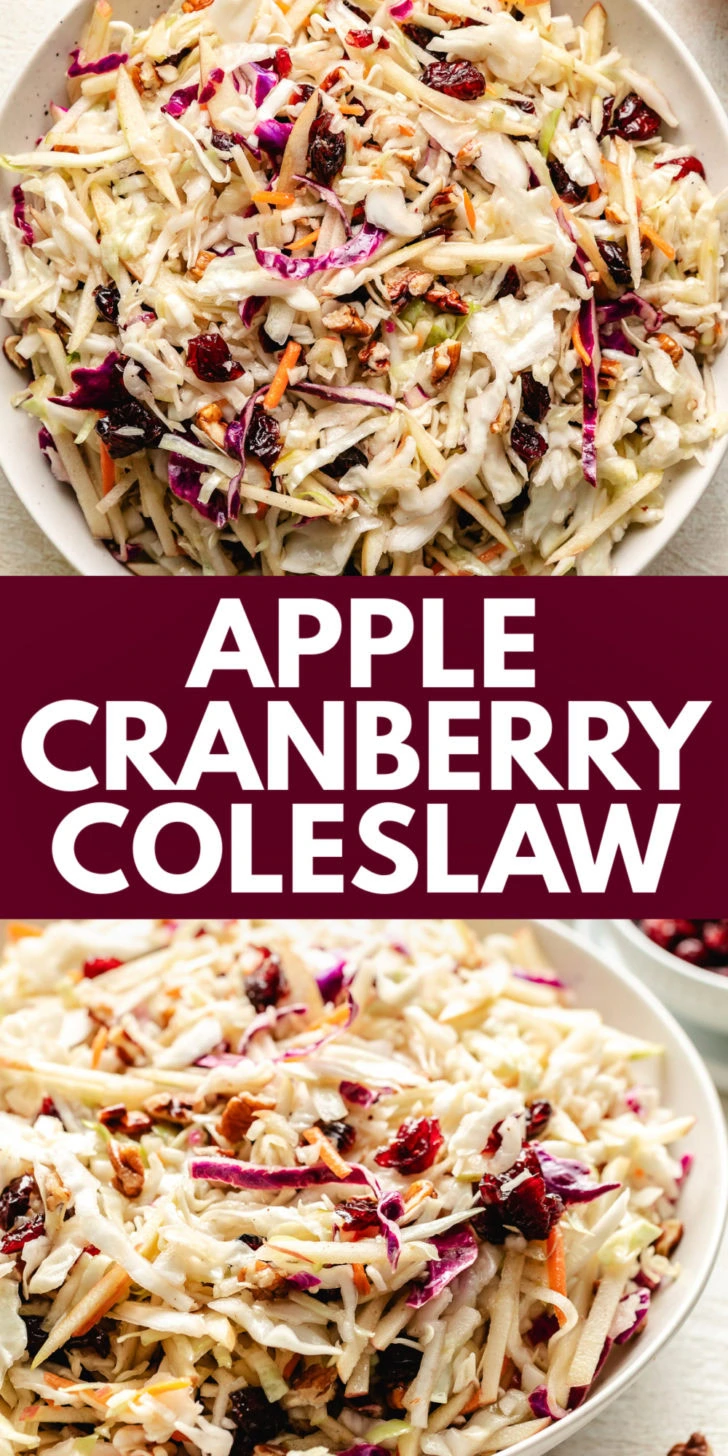 Collage showing two photos of apple cranberry coleslaw.