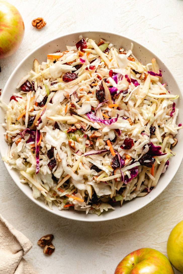 Overhead view of apple cranberry coleslaw.