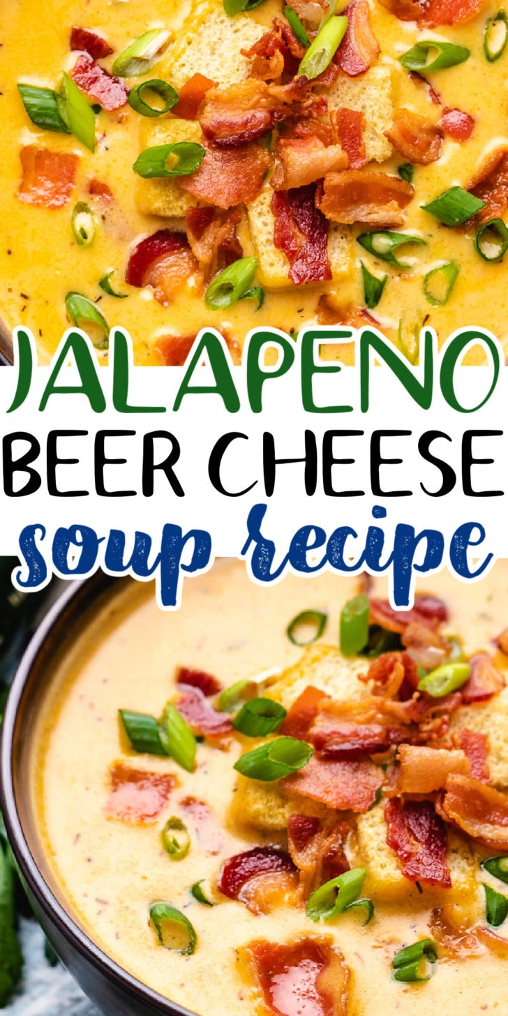 Two photos of jalapeno beer cheese soup in a collage.