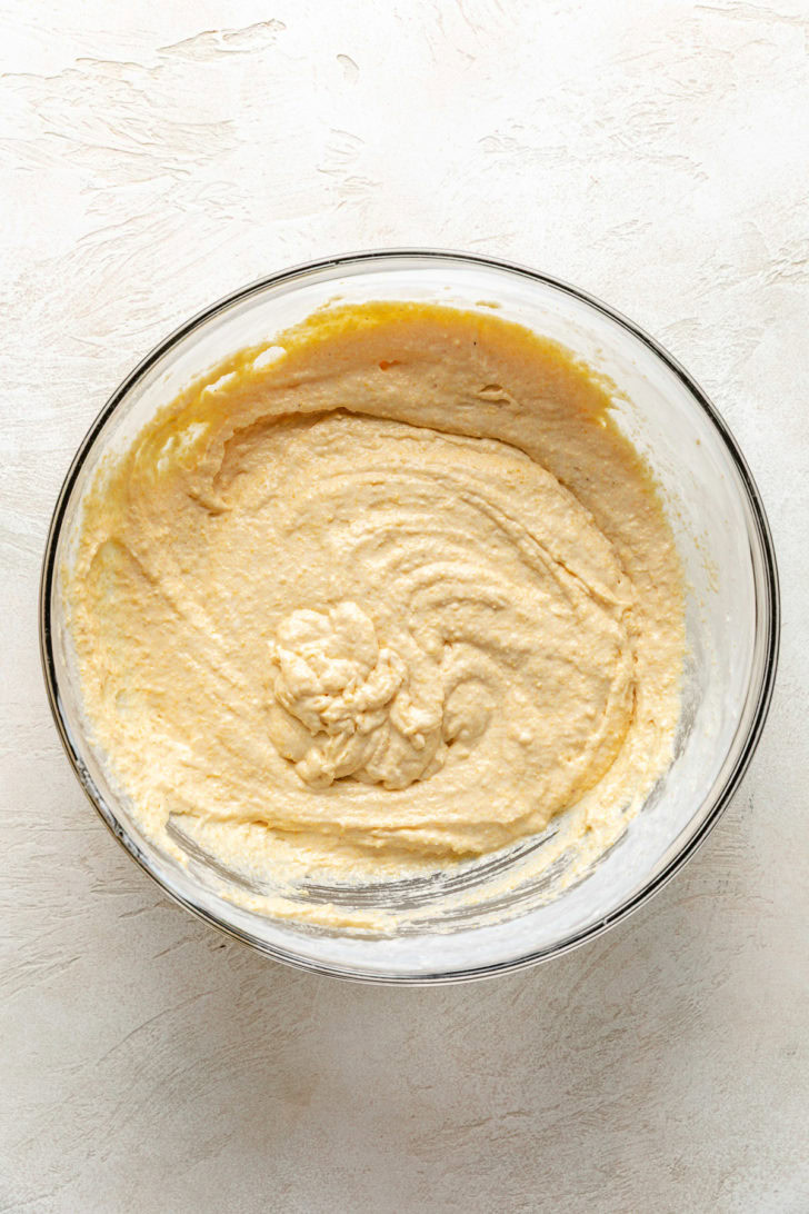 Moist Cornbread Muffins Bowl of cornbread batter.