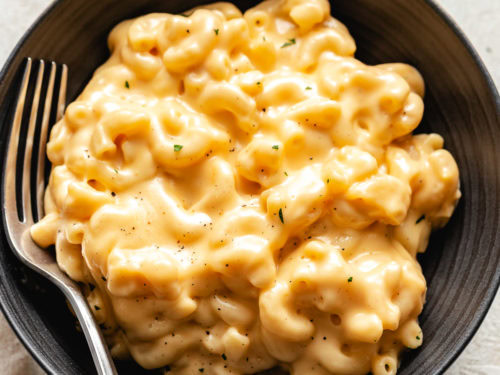 Close up view of blue bowl filled with mac and cheese.
