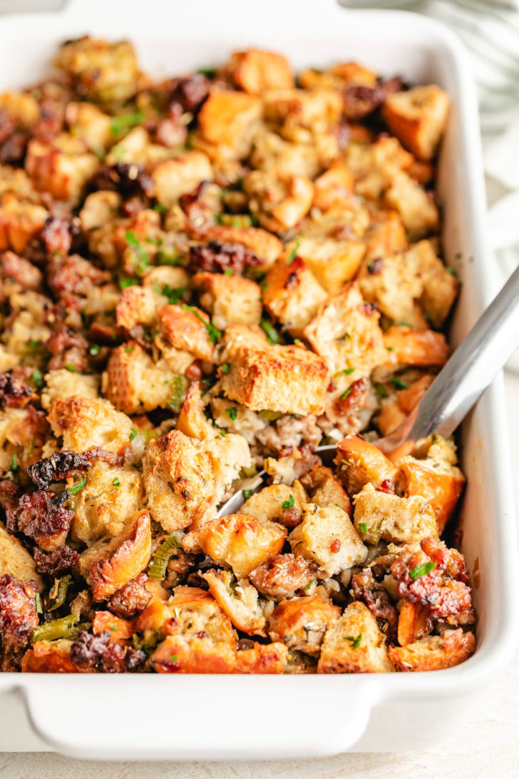 Classic Sausage Stuffing Pan filled with sausage stuffing.