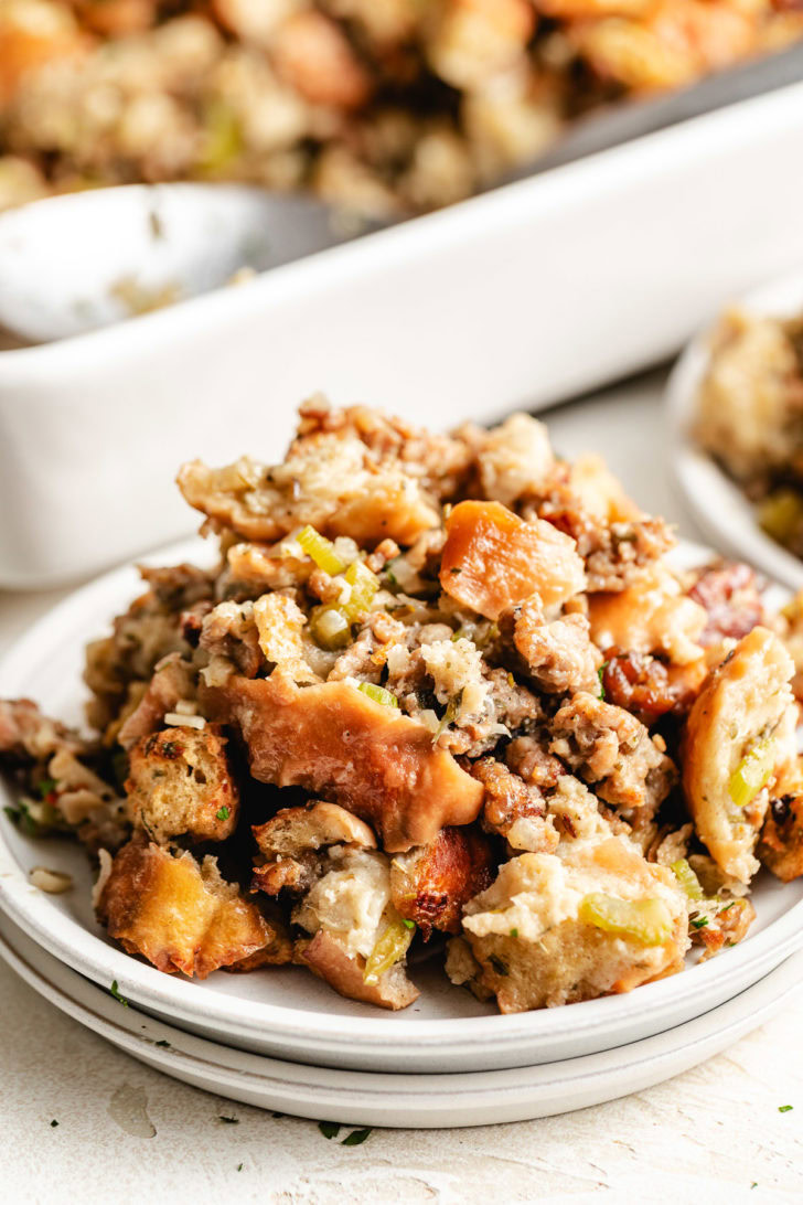 Classic Sausage Stuffing French bread stuffing on a plate.
