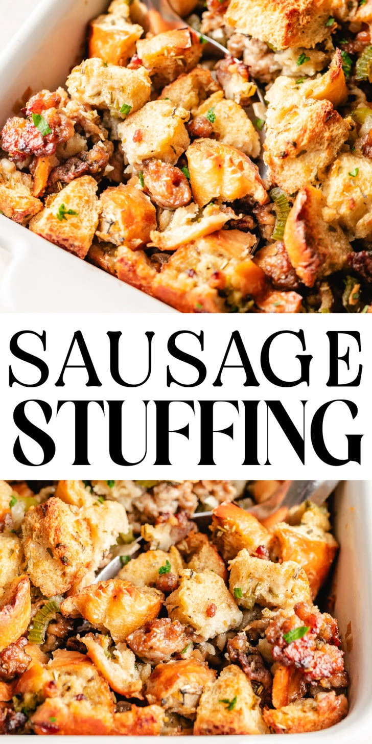Collage showing two photos of sausage stuffing.