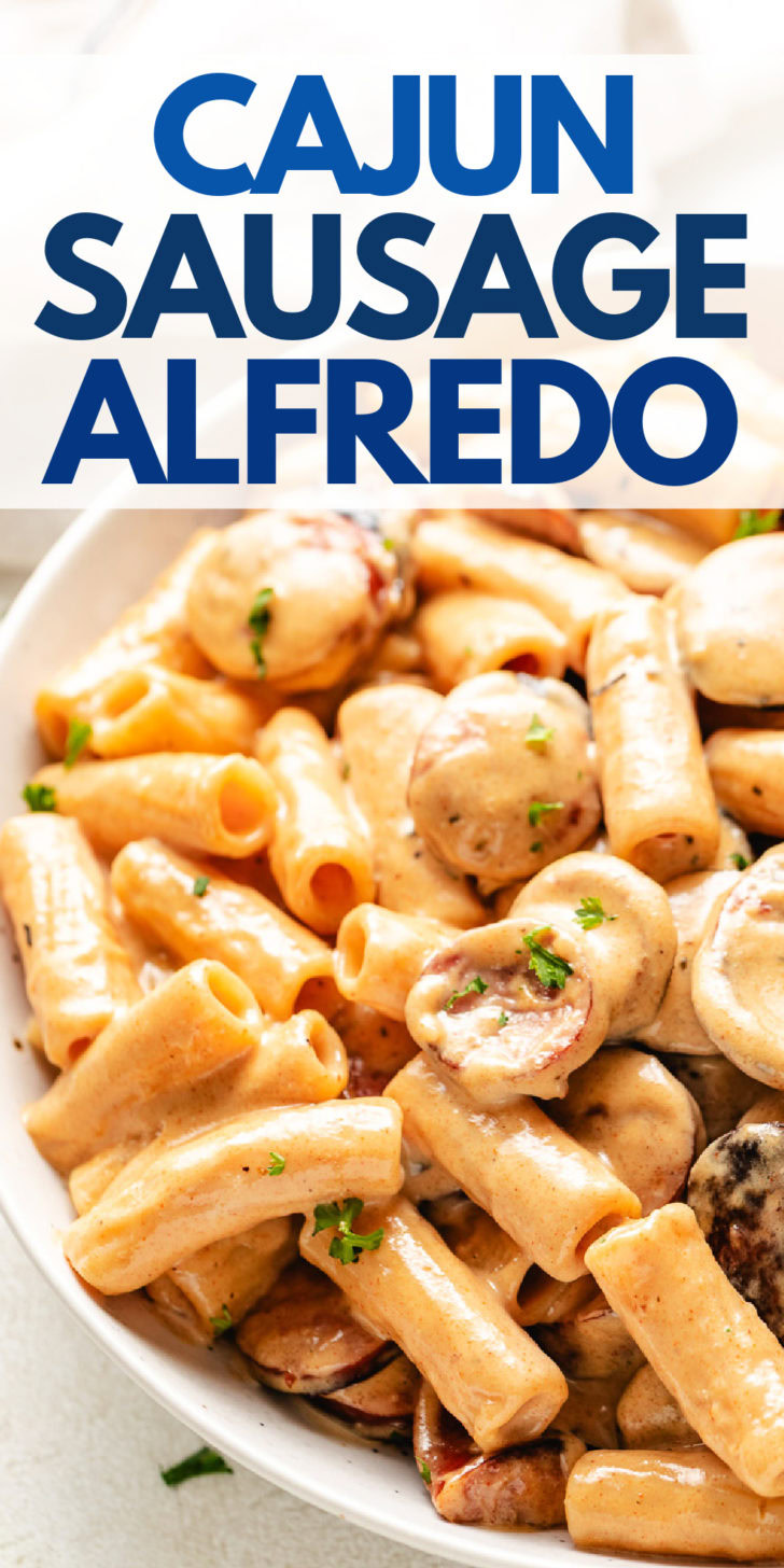 Saucy cajun sausage pasta in a bowl.