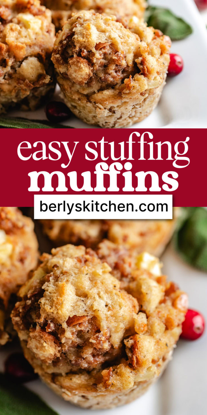 Collage showing two photos of stuffing muffins.