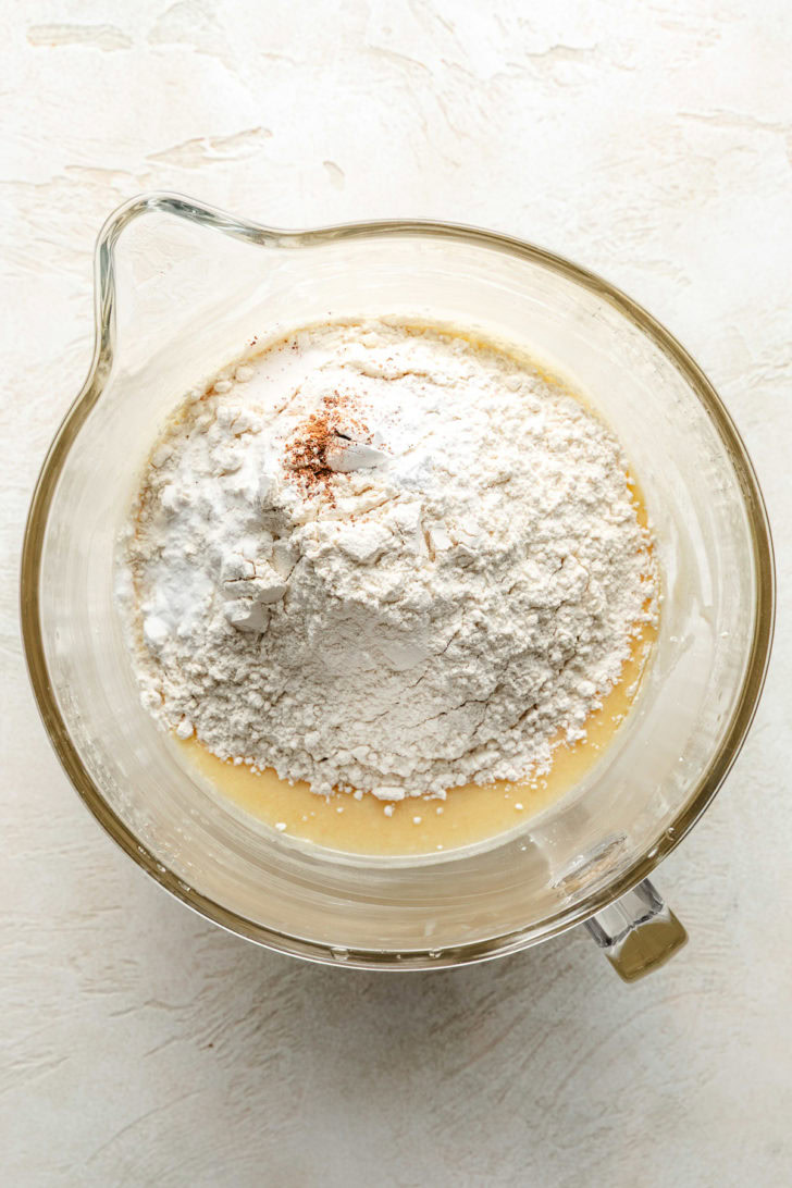 Bowl with flour and ingredients mixed.