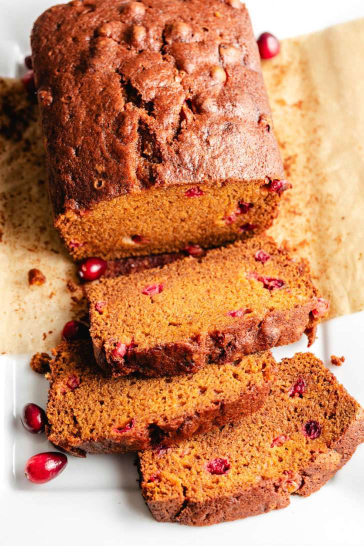 Overhead view of bread on parchment paper.