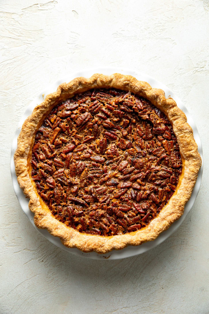 Overhead view of pecan pie.