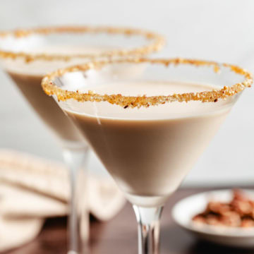 Close up view of pecan pie martini.