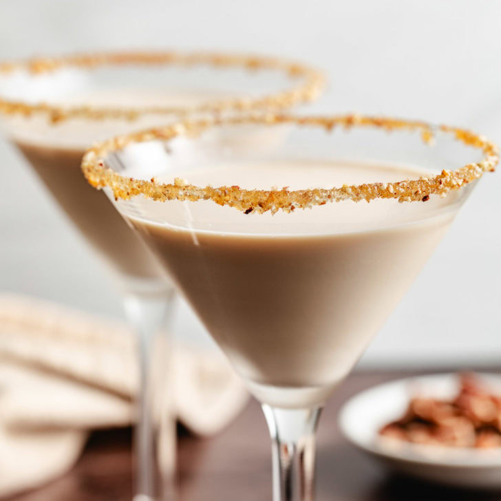 Close up view of pecan pie martini.