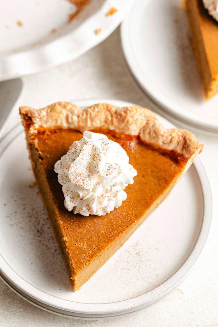 Overhead view of a slice of pumpkin pie.