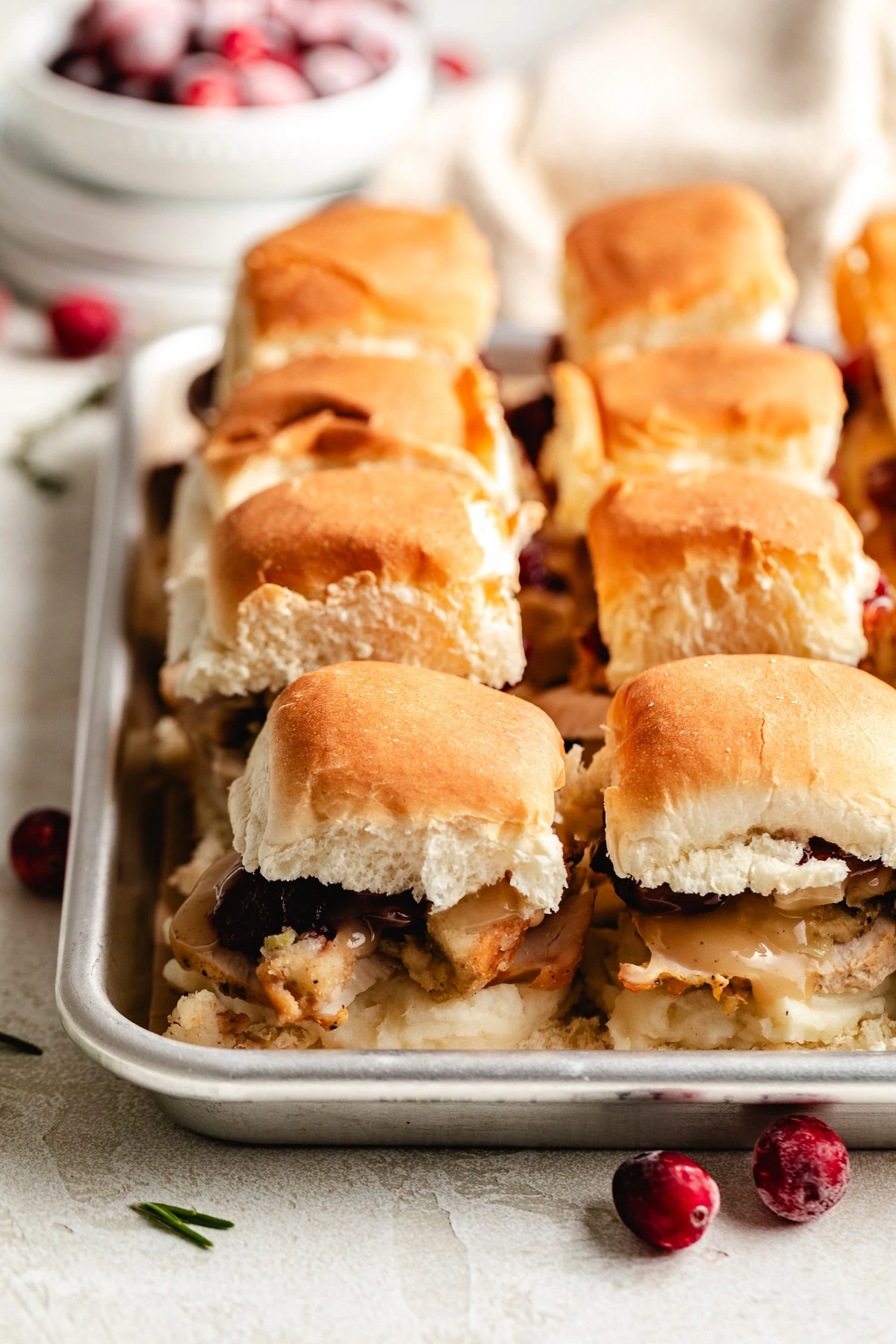 Pan of Thanksgiving sliders.