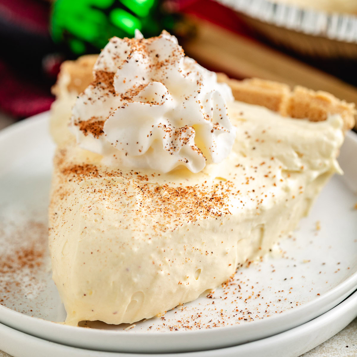 Creamy eggnog pie with instant pudding.
