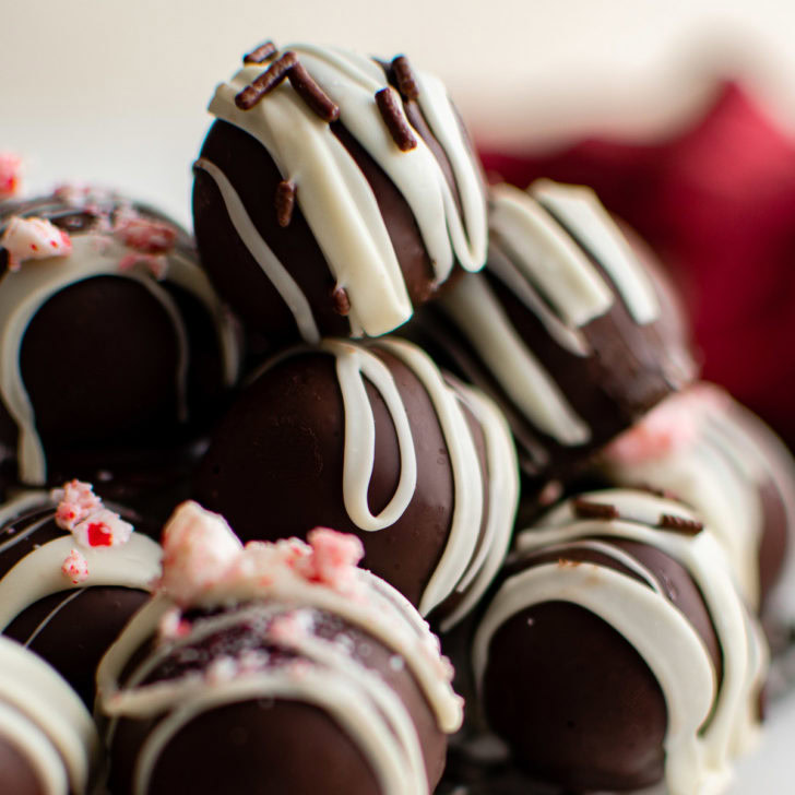 Chocolate truffles with peppermint toppings.