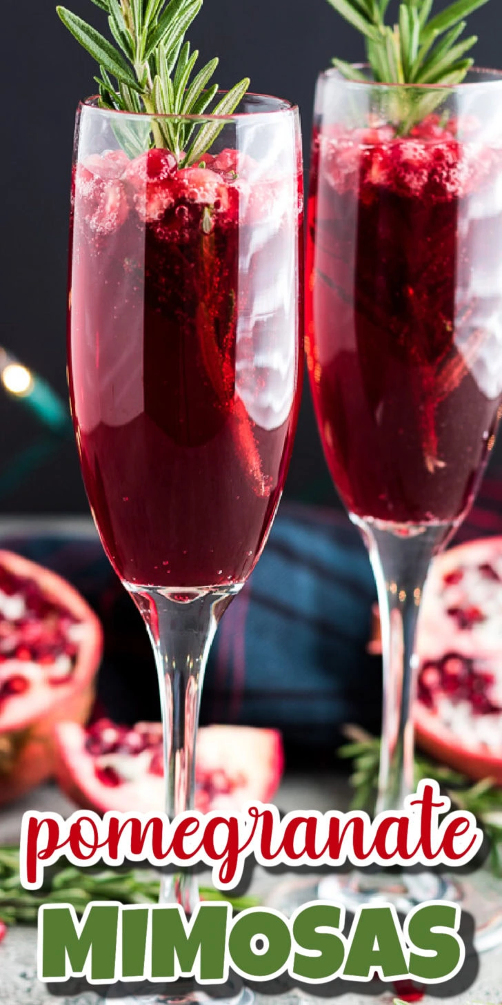 Two glasses of pomegranate mimosas.