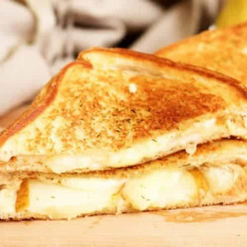 Close up view of a brie and pear grilled cheese sandwich.
