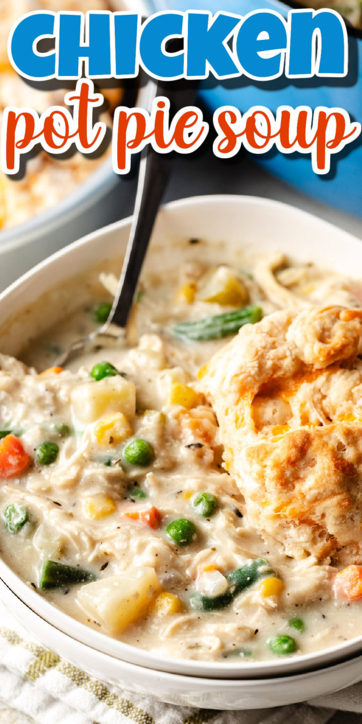 Close up view of chicken pot pie soup in a bowl.
