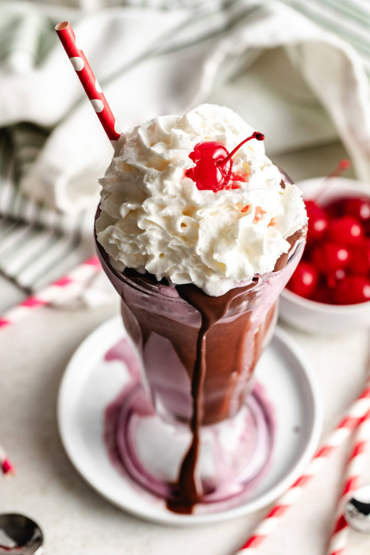 Cherry shake with chocolate and whipped cream.
