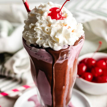 Delicious cherry shake topped with whipped cream.