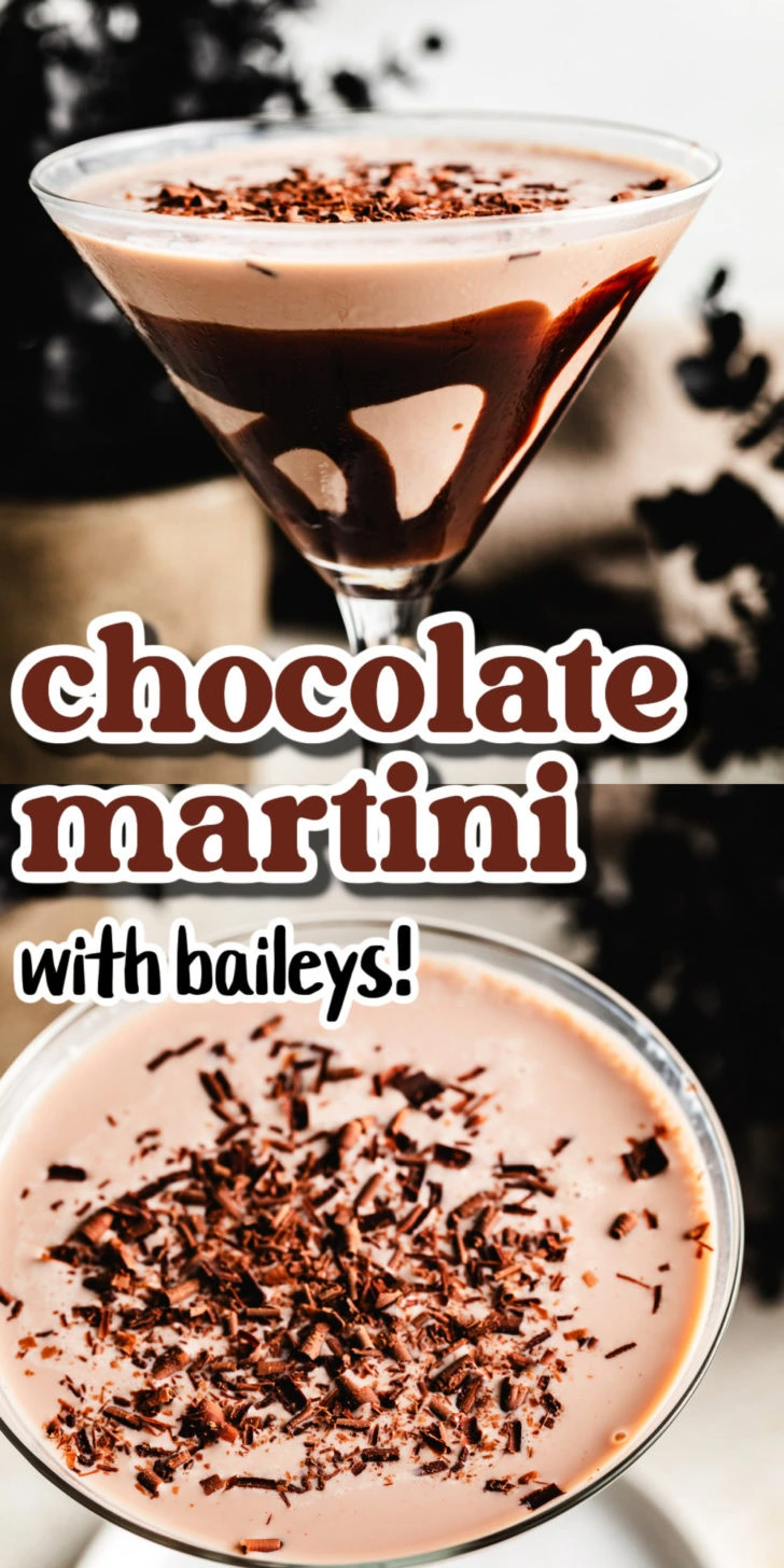 Collage showing two photos of a chocolate martini.