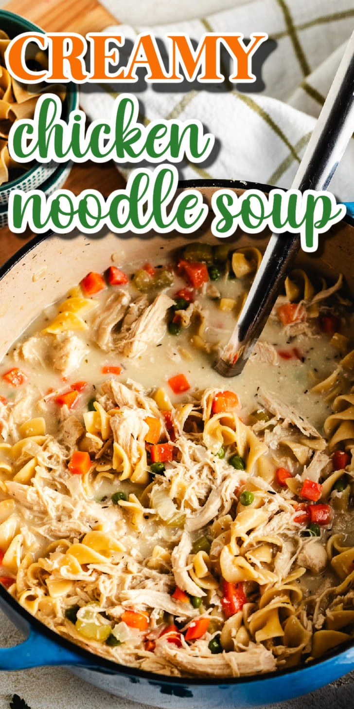 Pinterest pin showing a pot of creamy chicken noodle soup with egg noodles, shredded chicken, mixed vegetables, and the text “creamy chicken noodle soup.”