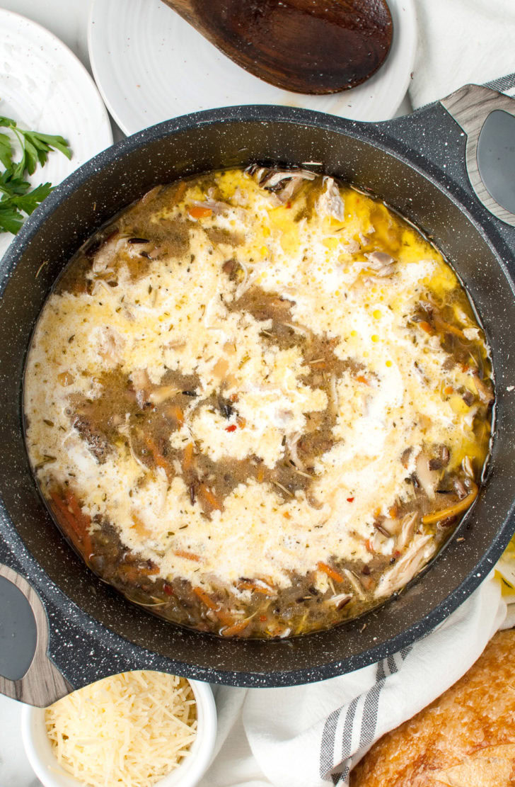 Creamy Chicken And Wild Rice Soup Heavy cream stirred into chicken and rice.