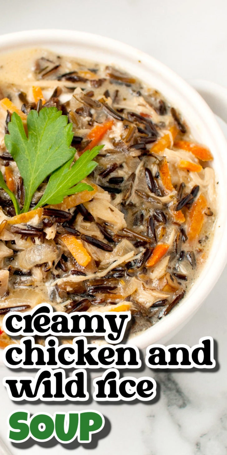Easy creamy chicken and wild rice soup in a serving bowl.