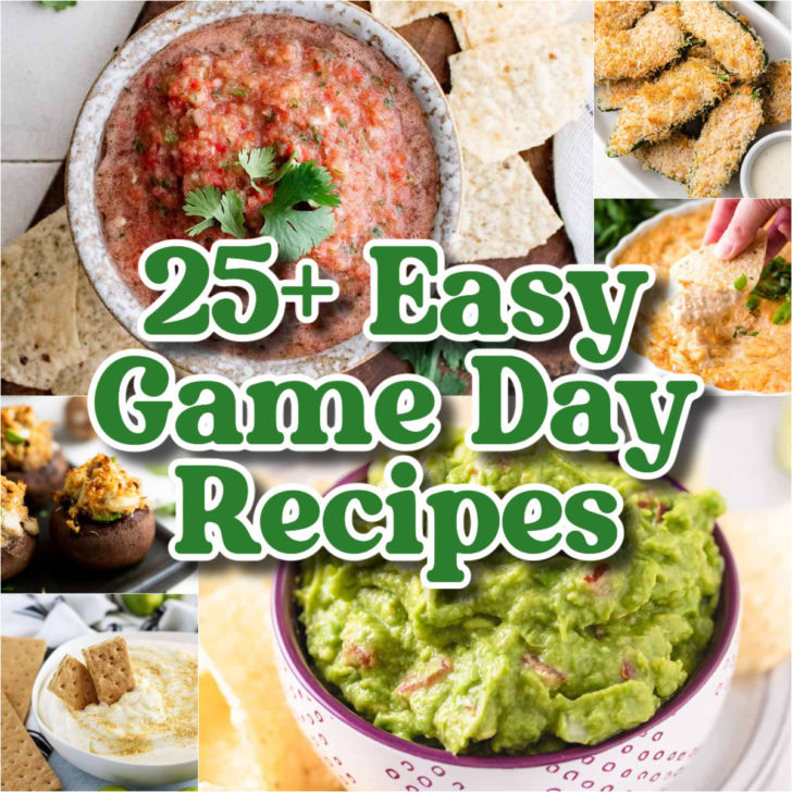 Photos a game day recipes in a collage.