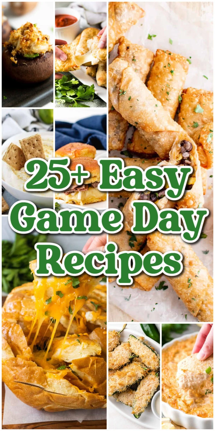 Collage showing various photos of game day recipes.