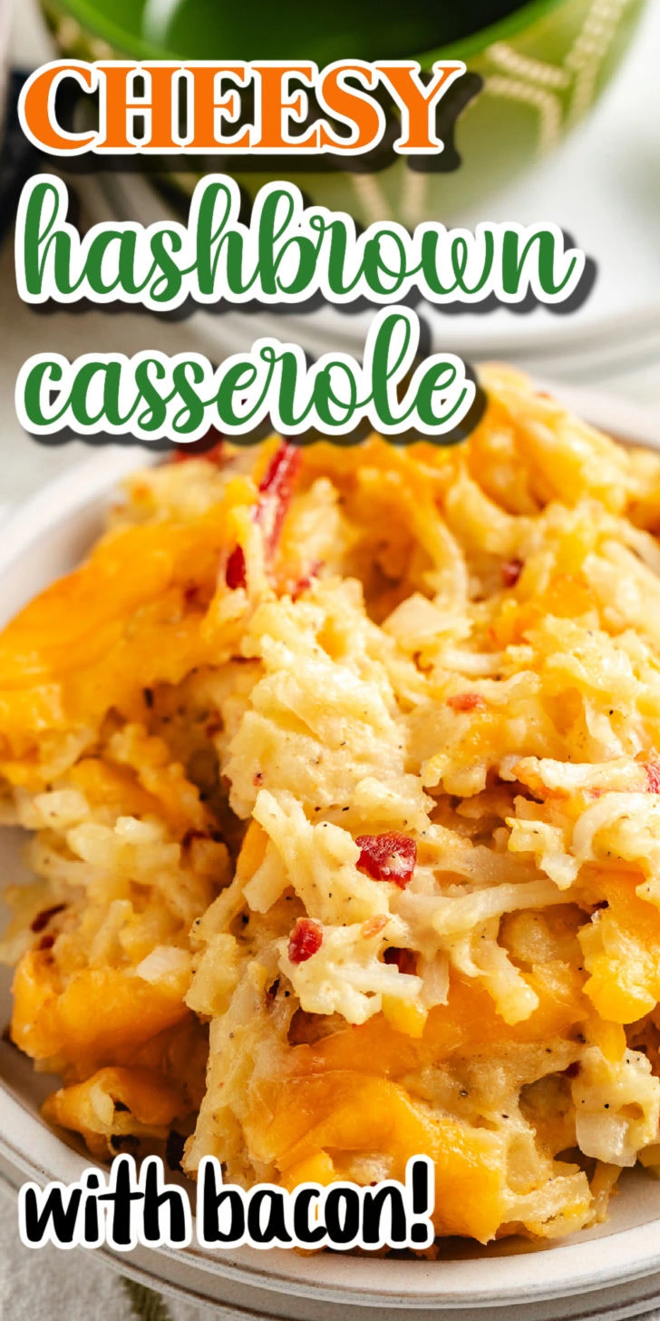 Close up view of hashbrown casserole with bacon on a plate.