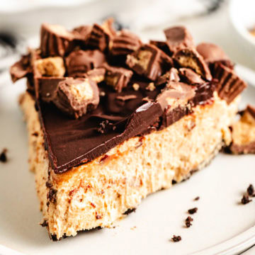 Close up view of a slice of peanut butter cup pie.
