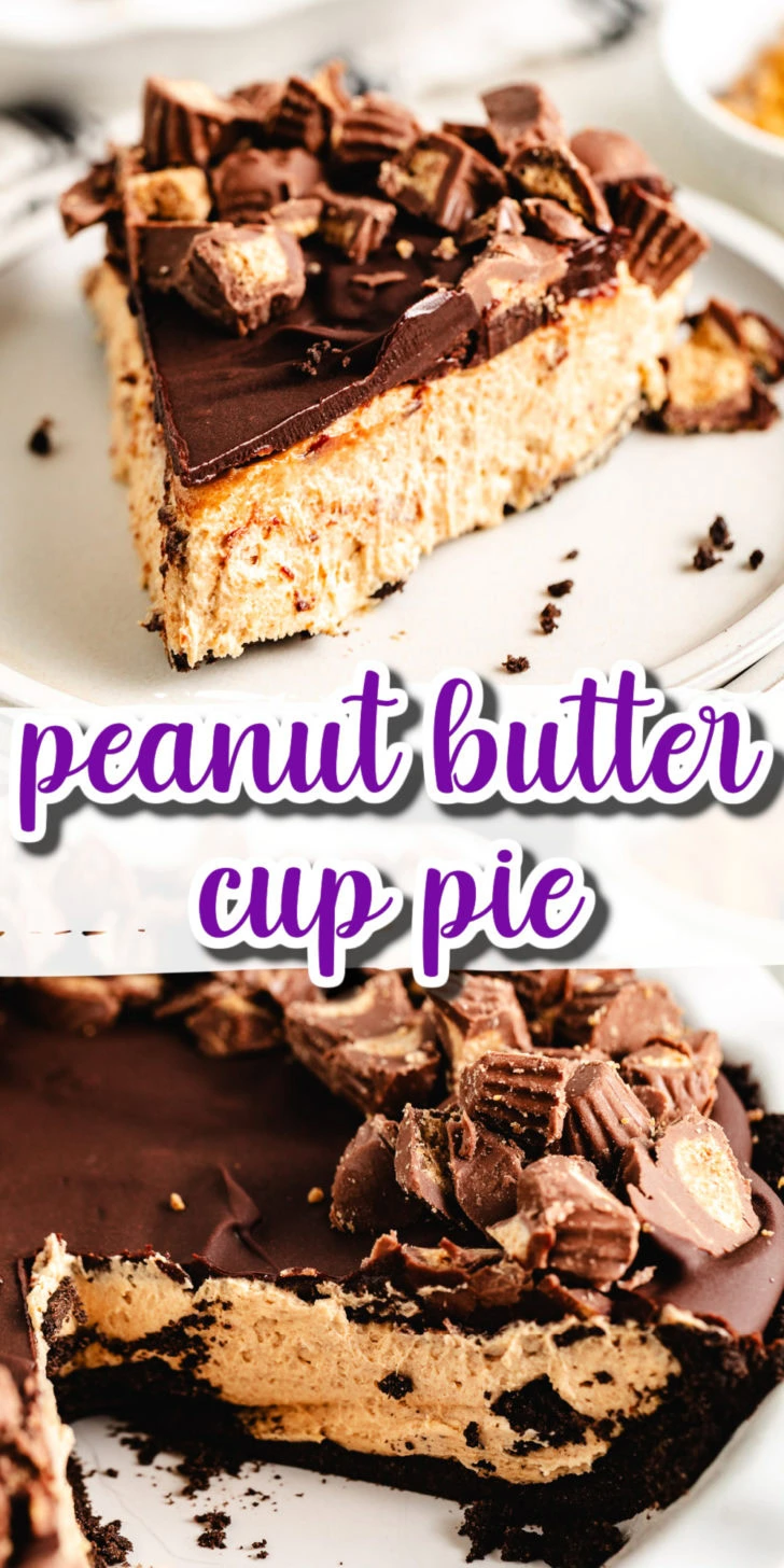 Collage showing two photos of peanut butter cup pie.